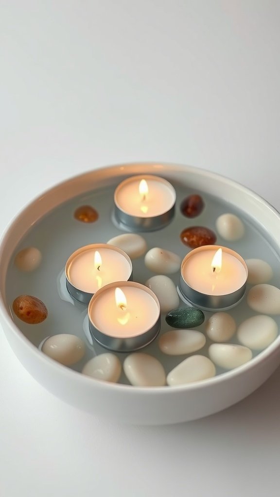 A bowl with floating tea light candles surrounded by decorative stones.