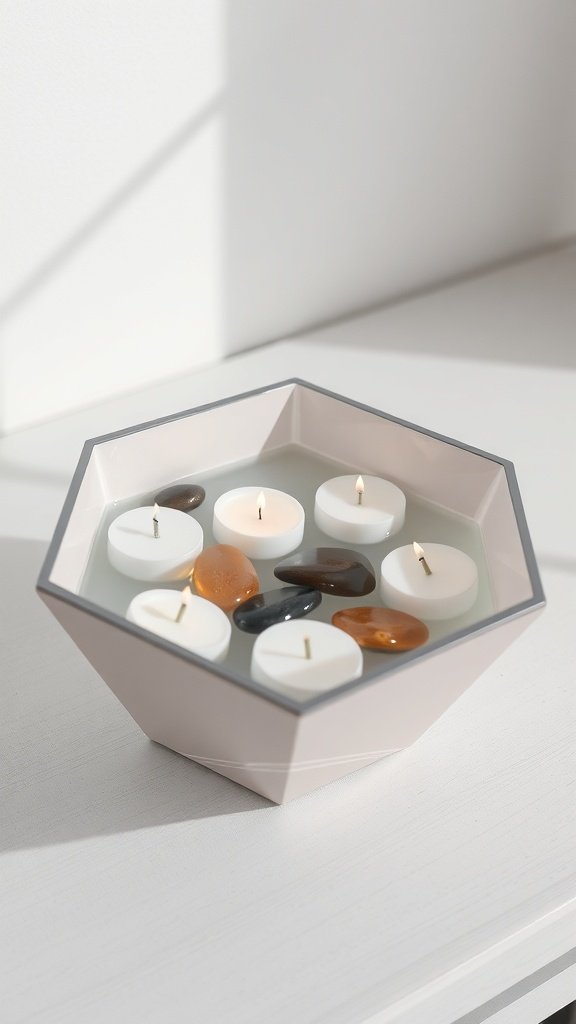 A hexagonal bowl filled with water, floating candles, and decorative stones.