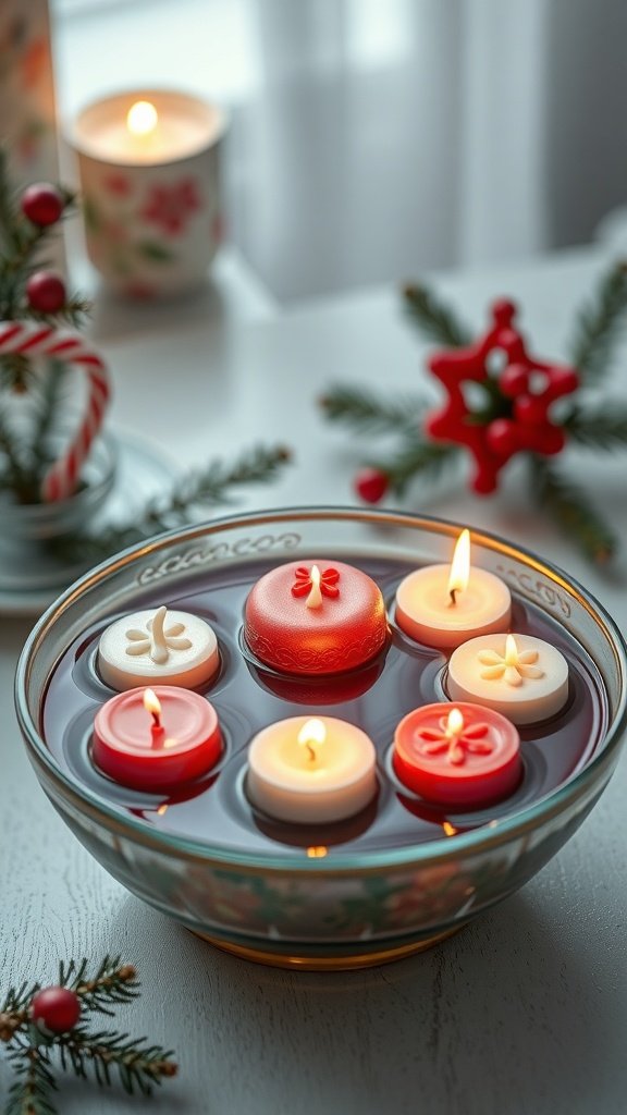 A bowl of holiday-themed floating candles in red and white, surrounded by festive decorations.
