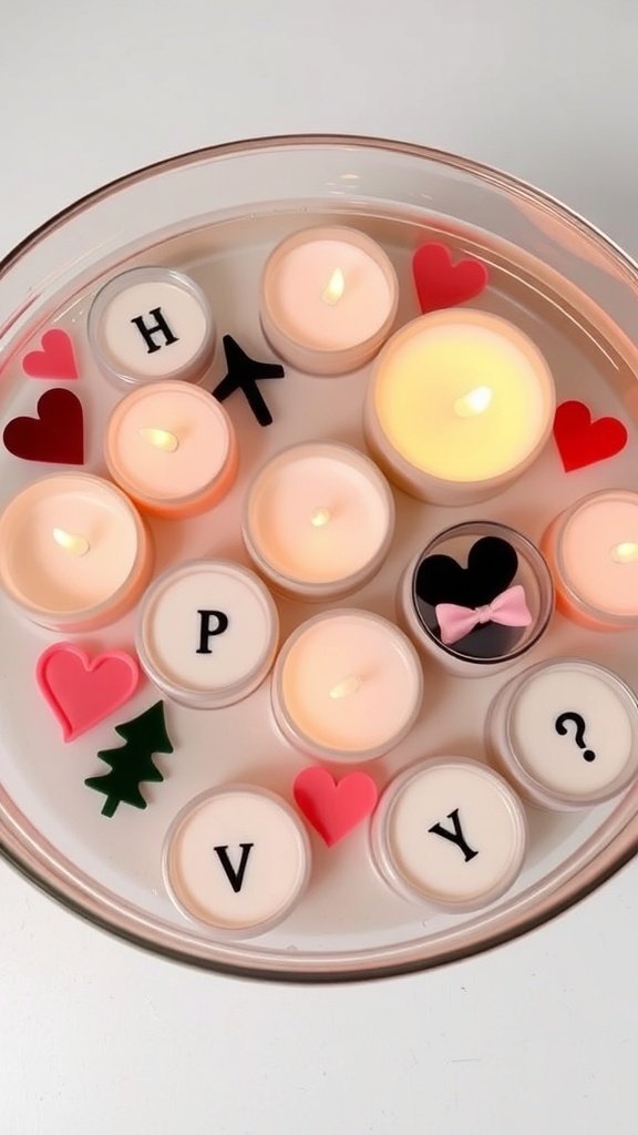 A collection of themed floating candles in a bowl, featuring letters, hearts, and trees.