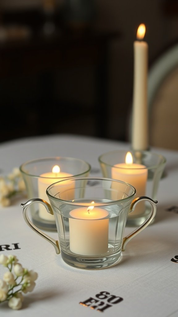 Vintage teacup floating candles with a soft glow