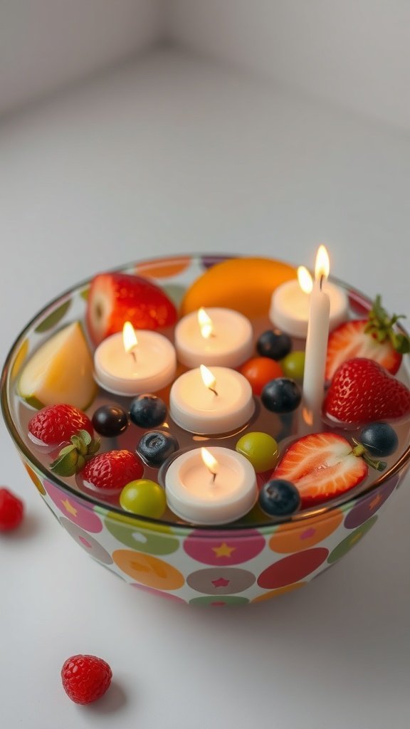 A bowl filled with floating candles and assorted fruits, creating a colorful and inviting centerpiece.