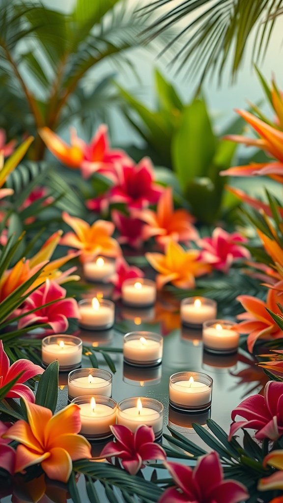 Floating candles surrounded by tropical flowers and greenery