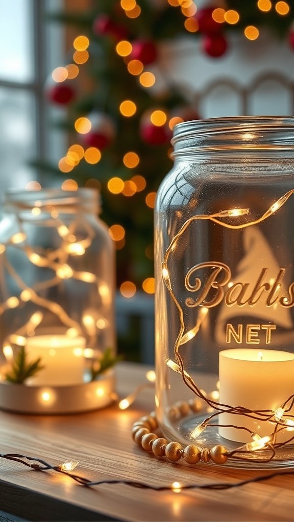 Decorative candle jars with twinkling lights and candles on a wooden table, with a festive background.