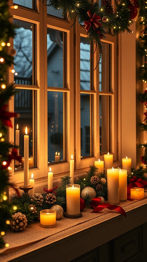 A beautifully decorated window sill with candles, greenery, and holiday ornaments.