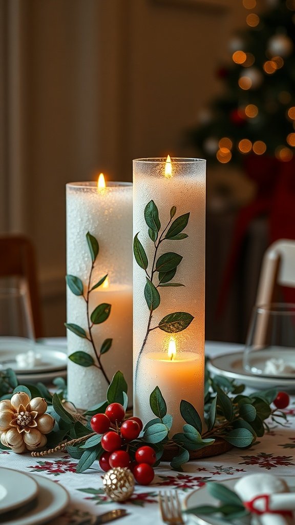 Frosted candle holders with eucalyptus on a holiday table setting