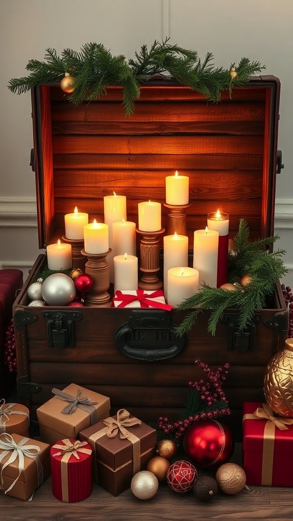 A vintage trunk filled with candles and holiday decorations, creating a warm and festive display.