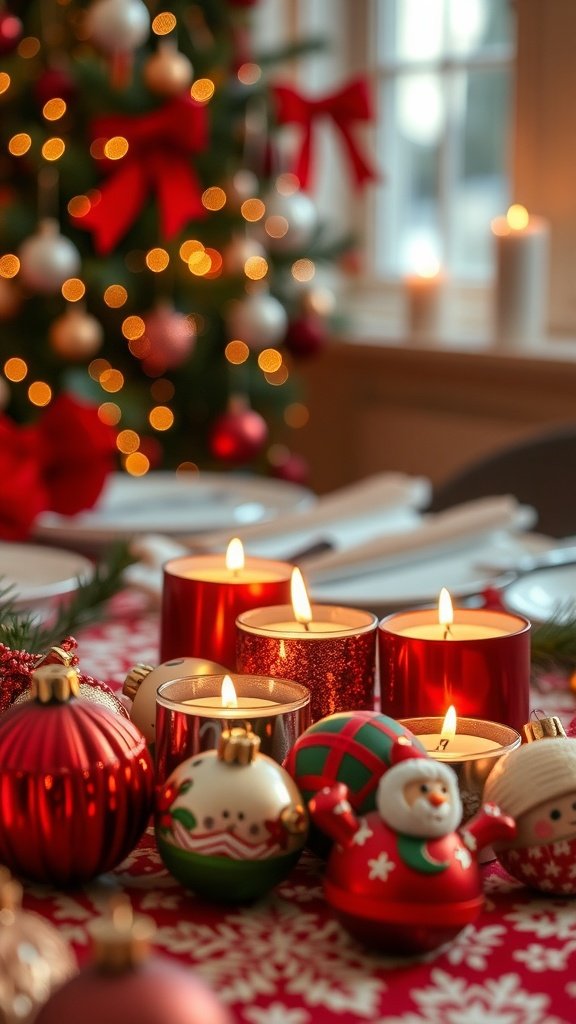 Mini candles placed inside colorful holiday ornaments, creating a festive atmosphere.