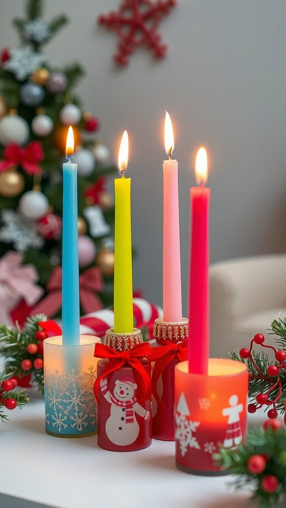 Colorful candles in themed holders for holiday decor