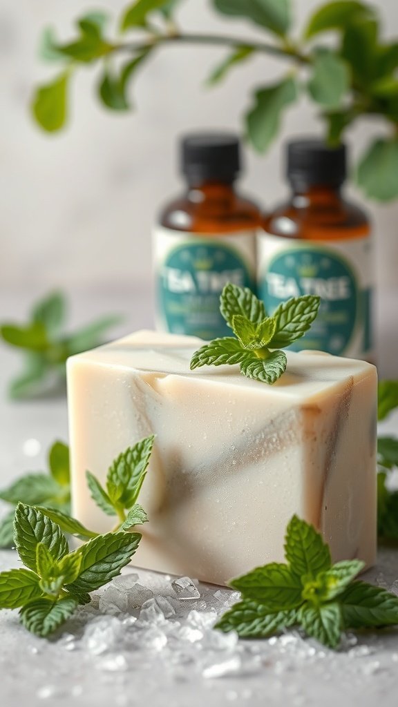 A bar of peppermint tea tree soap with fresh mint leaves and essential oil bottles in the background.