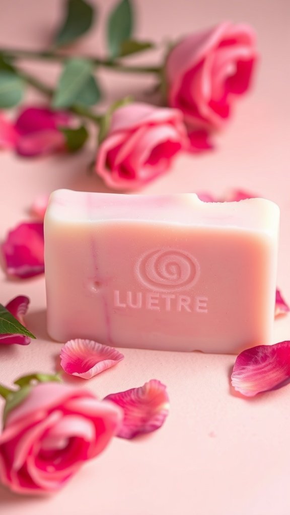 A bar of rose petal soap surrounded by fresh rose petals.