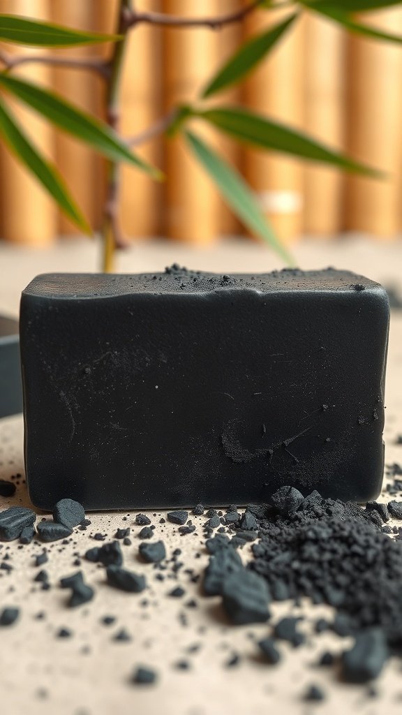 A bar of activated charcoal soap with charcoal powder scattered around it.