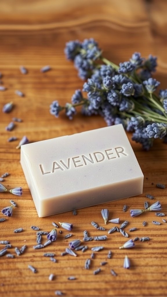 A bar of lavender soap with lavender flowers on a wooden surface