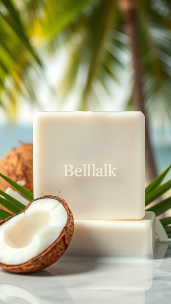 A bar of coconut milk soap with a fresh coconut beside it, set against a tropical background.