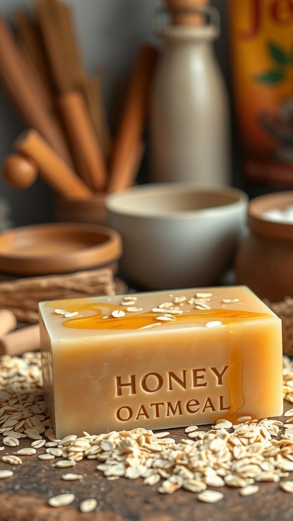 A bar of honey oatmeal soap with oats and honey drizzled on top, surrounded by natural ingredients.