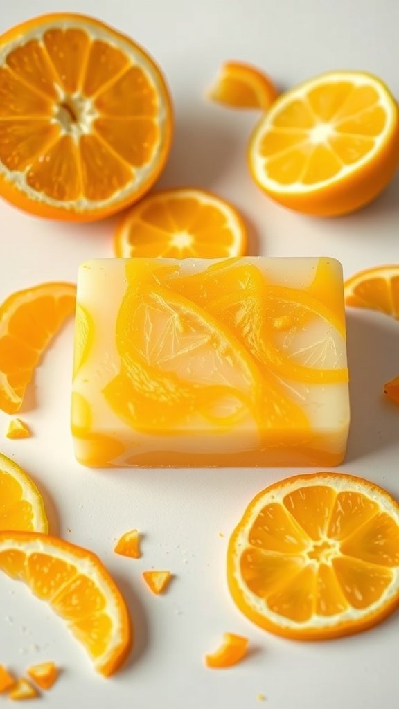A vibrant bar of Citrus Zest Soap surrounded by fresh orange slices and zest.