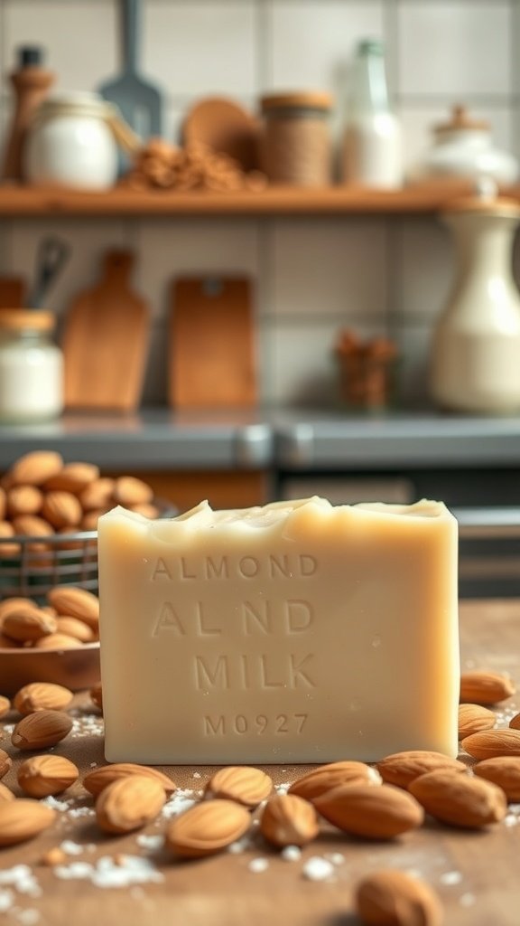 A bar of almond milk soap surrounded by almonds and kitchen ingredients.