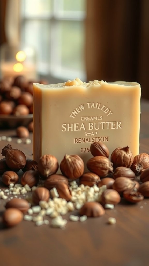 A bar of shea butter soap surrounded by shea nuts and oats