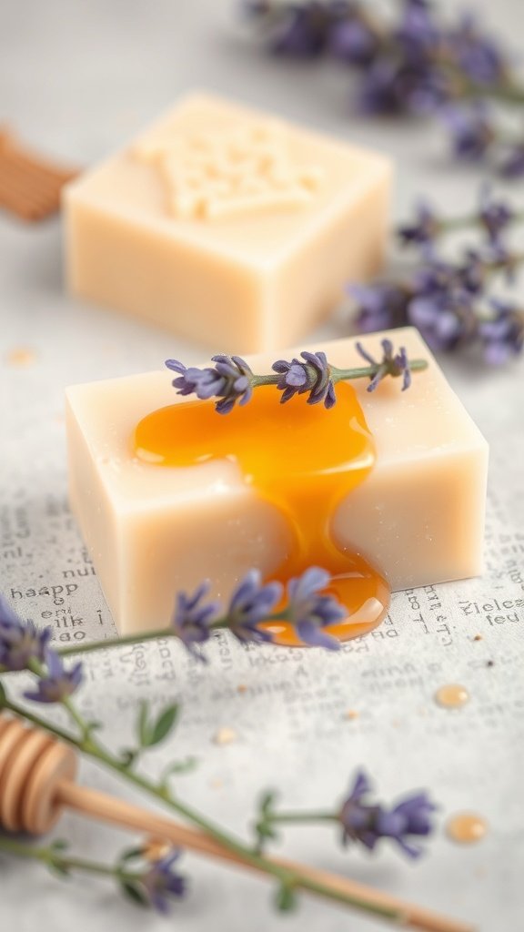 A bar of lavender and honey soap with honey drizzling on top, surrounded by lavender sprigs.