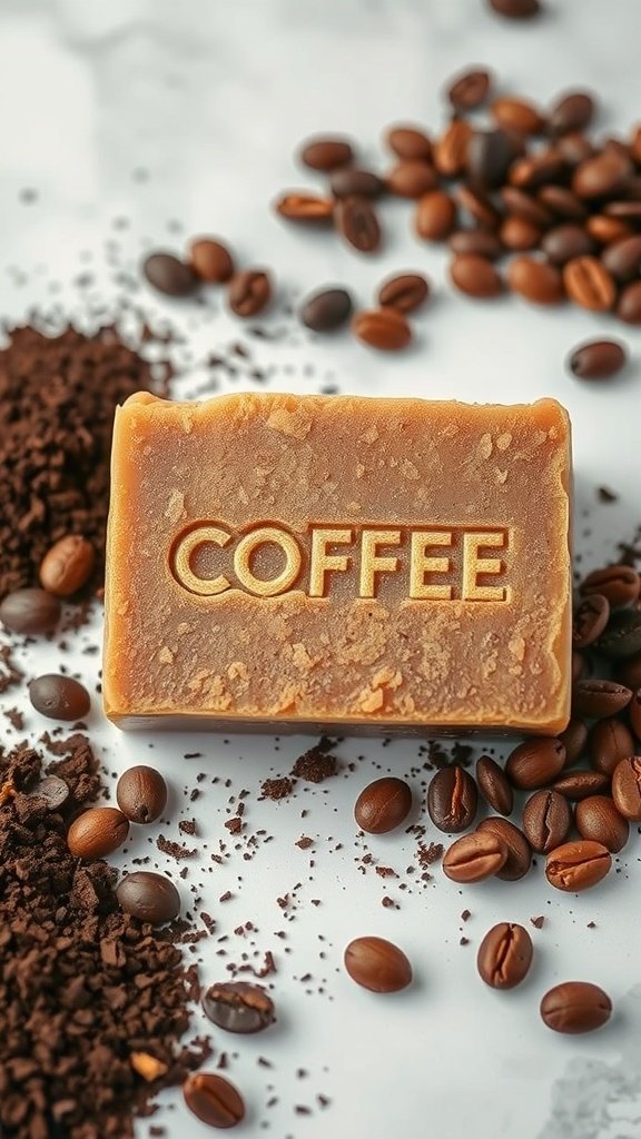 A bar of coffee scrub soap surrounded by coffee beans and grounds.