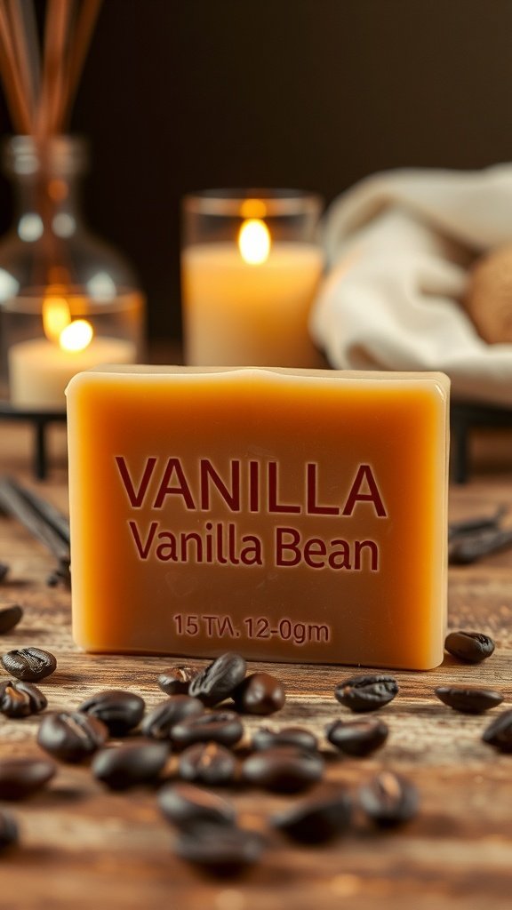 A bar of vanilla bean soap surrounded by coffee beans and candles