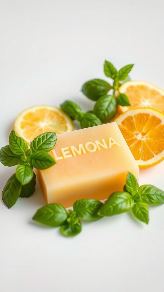 A bar of lemon basil soap surrounded by lemon slices and fresh basil leaves.