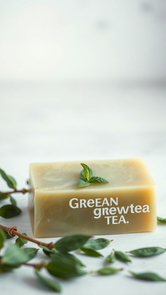A bar of green tea soap with a mint leaf on top, surrounded by green leaves.