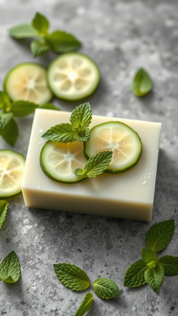 A bar of cucumber mint soap decorated with cucumber slices and mint leaves on a gray surface.