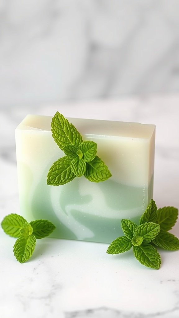A bar of minty fresh herbal soap with mint leaves on a marble surface.