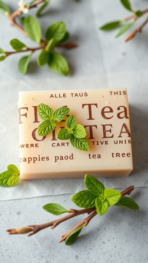 A bar of peppermint and tea tree soap with fresh mint leaves on top, surrounded by green leaves.