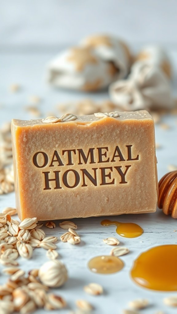 A bar of oatmeal and honey soap with oats and honey drizzles around it.
