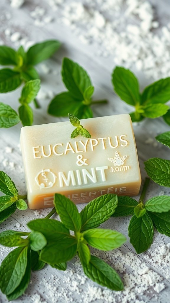 Eucalyptus and Mint Invigorating Soap surrounded by fresh mint leaves