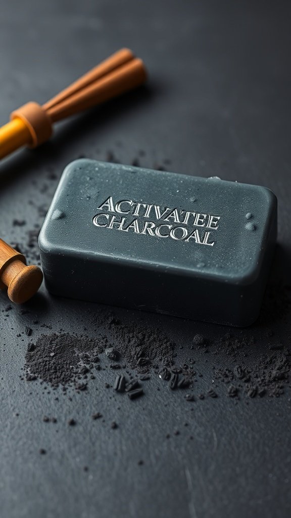 A bar of activated charcoal soap with charcoal powder scattered around it.