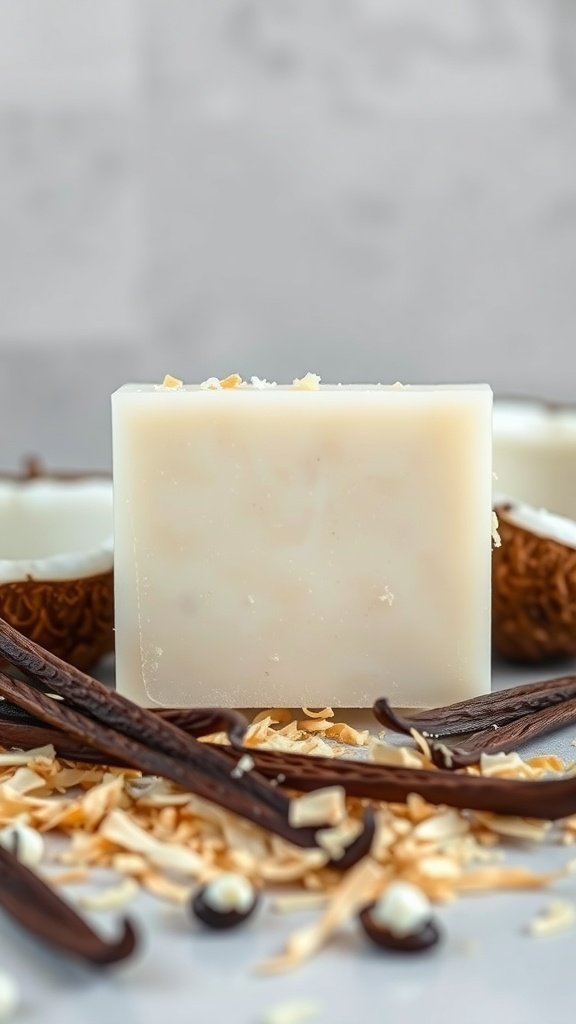 A bar of coconut milk and vanilla cream soap surrounded by coconut flakes and vanilla pods.