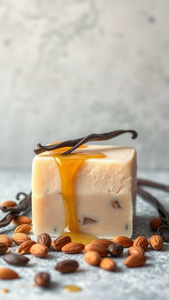 A creamy soap bar with honey drizzling down, surrounded by almonds and vanilla beans.