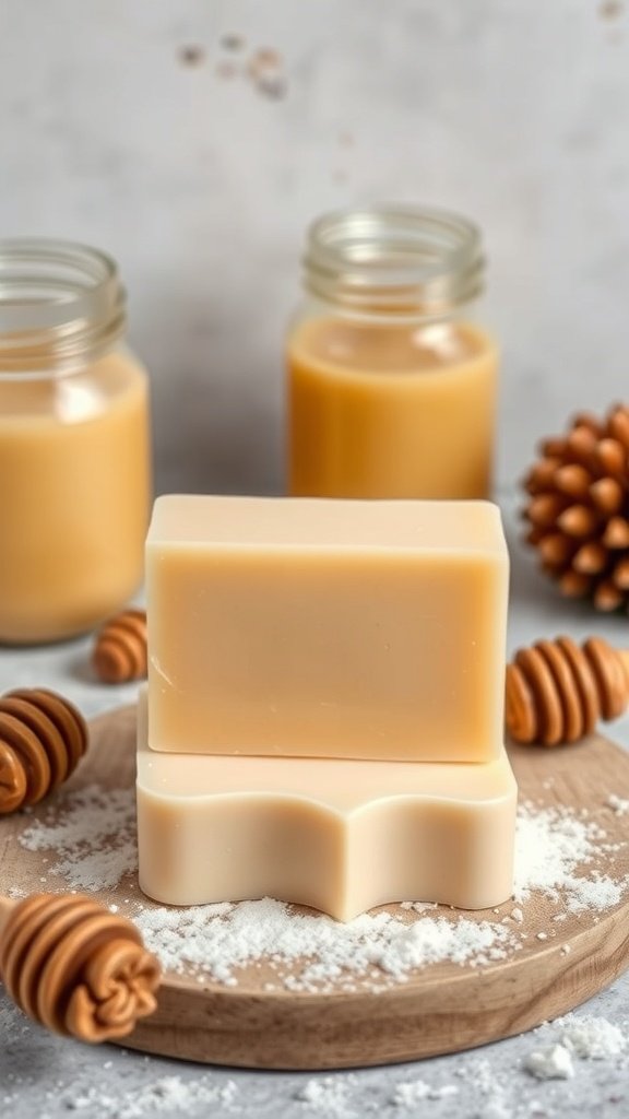 Creamy Honey and Goat Milk Soap with honey drizzles and jars of goat milk