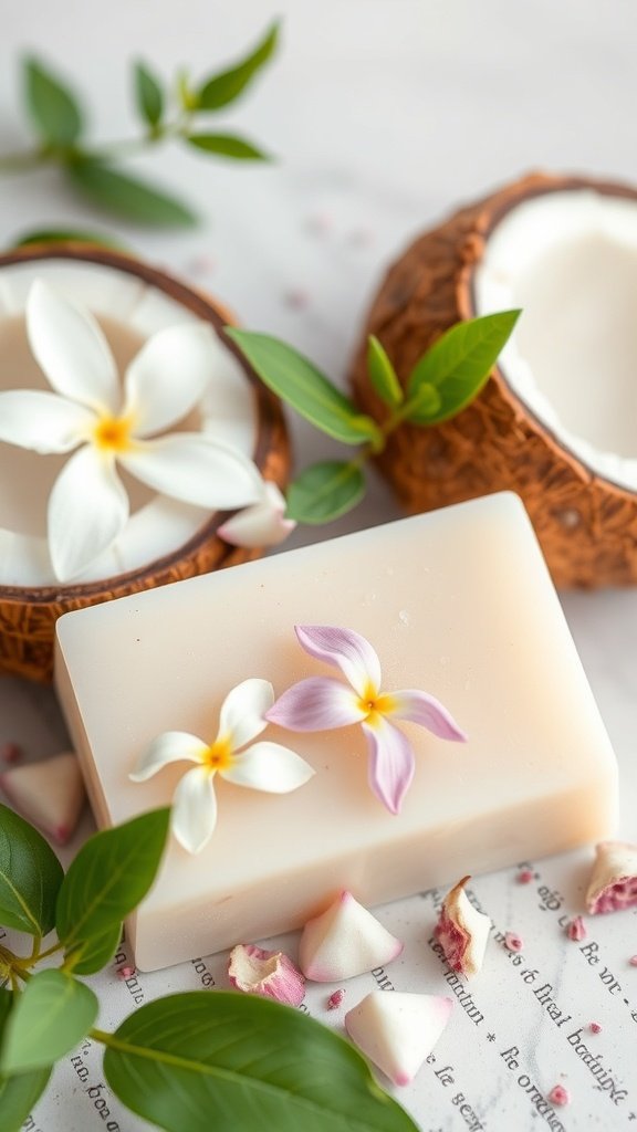 A bar of jasmine and coconut soap with flowers and coconut shells