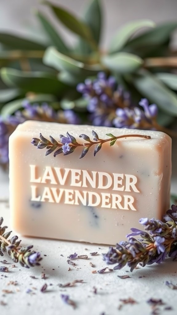A bar of Lavender and Sage soap with lavender sprigs in the background.