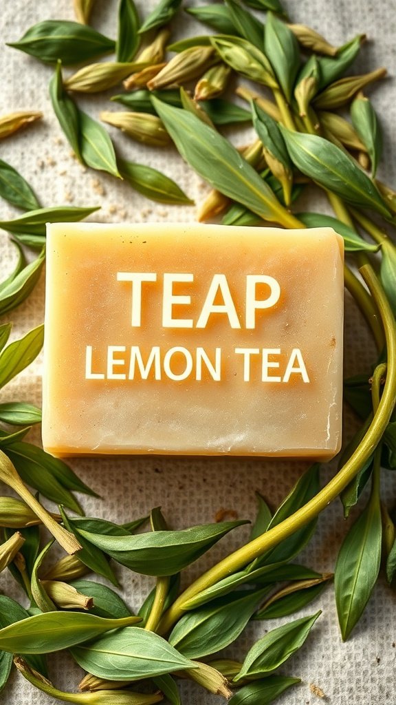 A bar of green tea and lemongrass soap surrounded by green leaves.