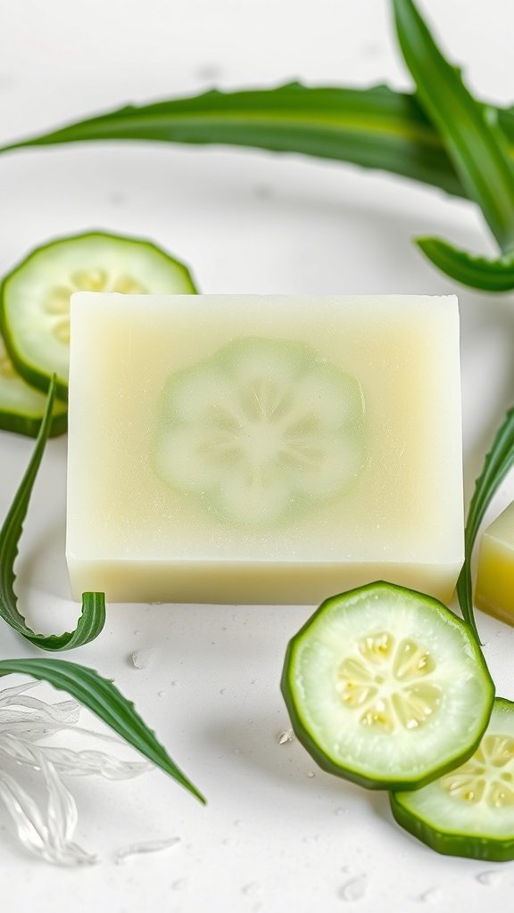 Cucumber and Aloe Vera soap with cucumber slices and aloe vera leaves