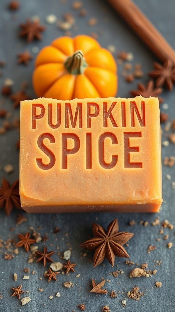 A bar of pumpkin spice soap with the words 'PUMPKIN SPICE' embossed on it, surrounded by an orange pumpkin, star anise, and cinnamon sticks.