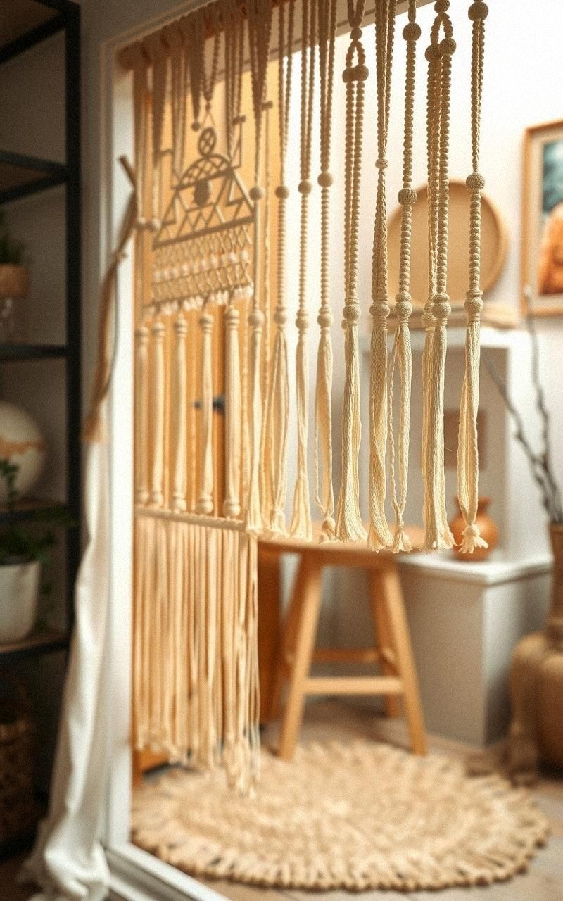 Macramé Beaded Curtain with Fringe for Textural Depth