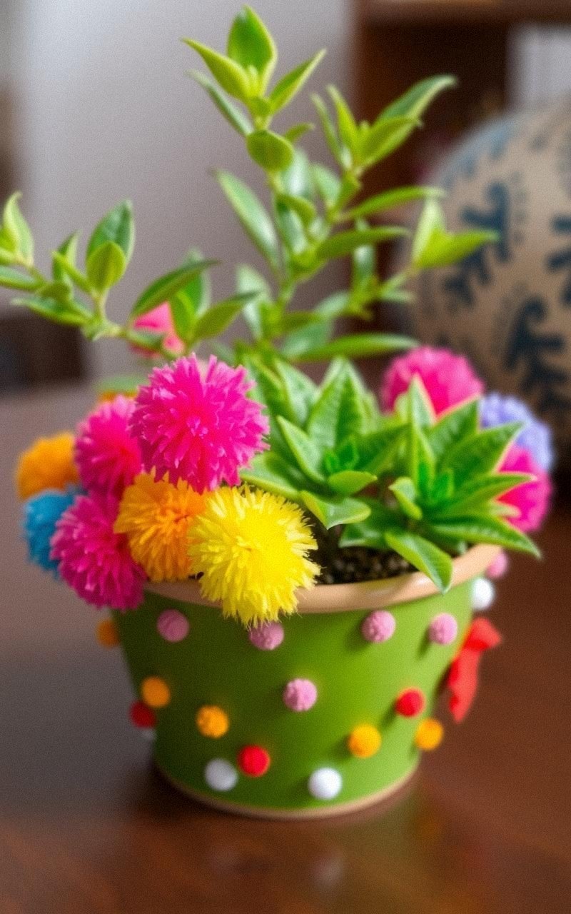 Add Pom Pom Accents to Plain Plant Pots