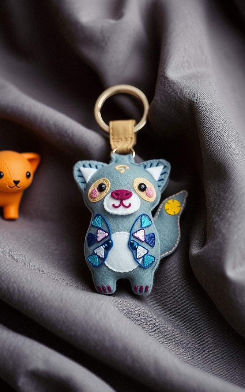 Felt Animal Face Keychain With Embroidery