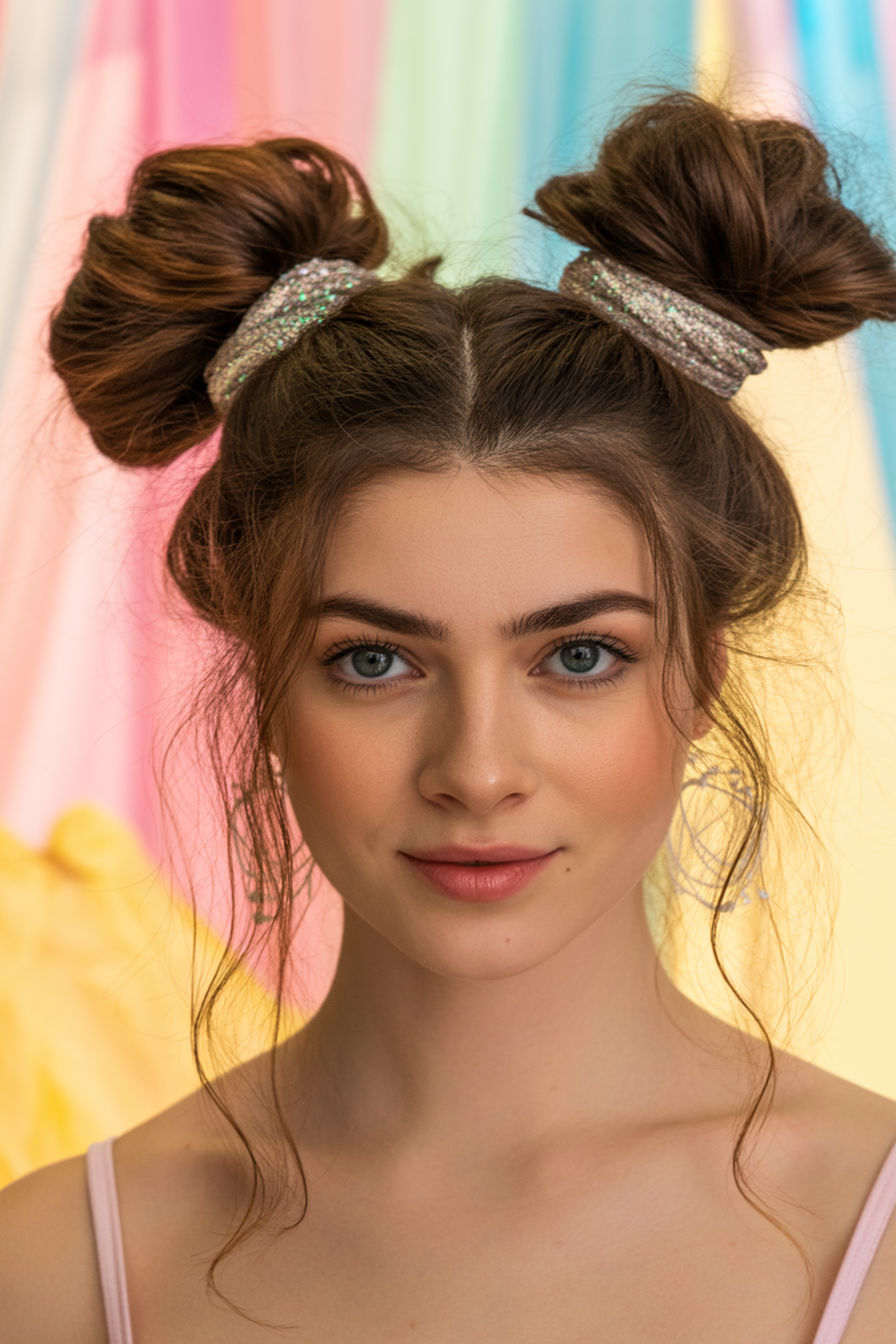 Double Buns with Glittery Hair Wraps