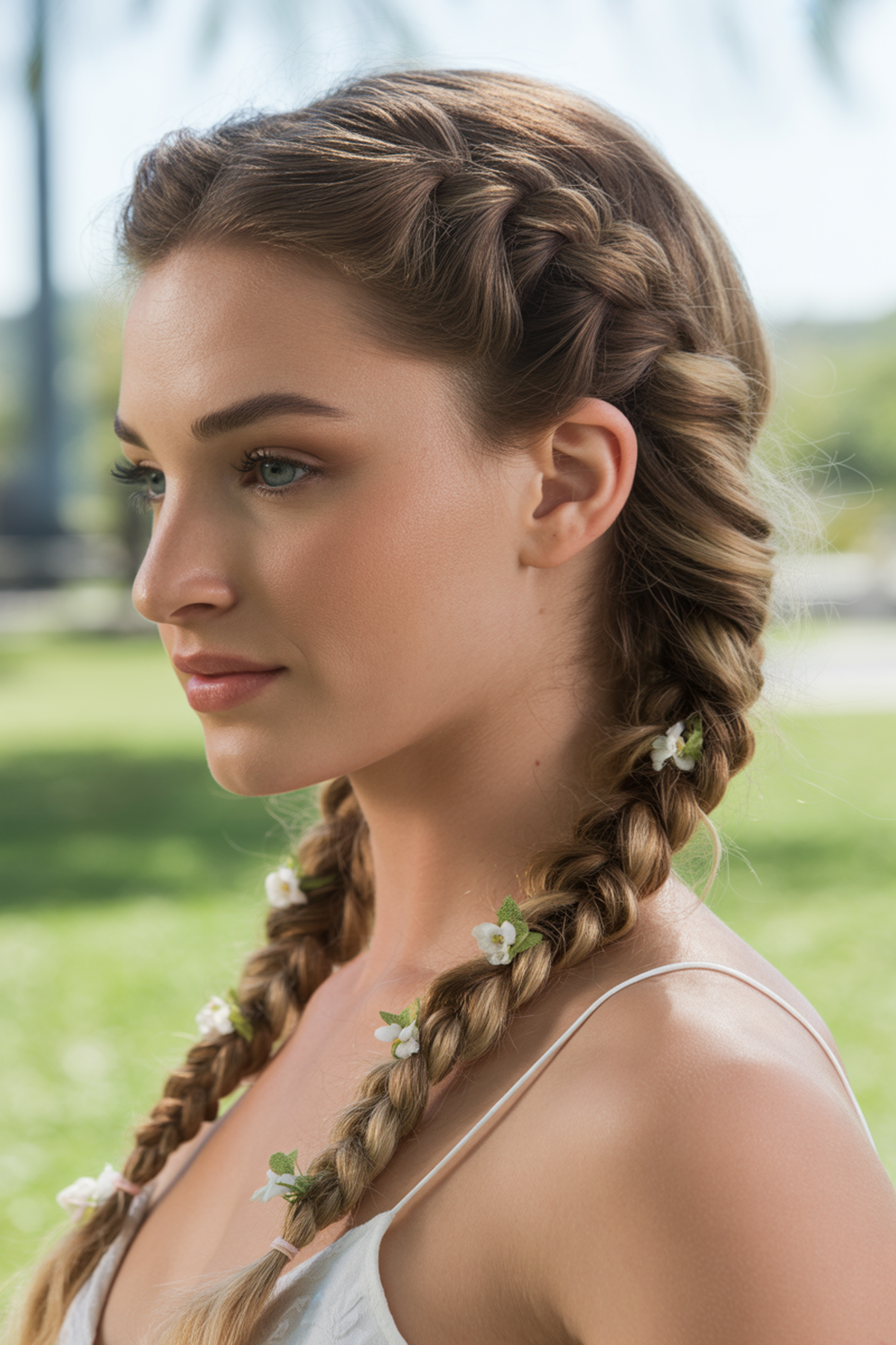 Half-Up Braided Bun with Floral Hair Ties