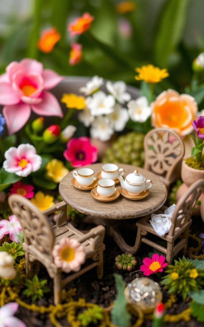 Fairy Garden Tea Party Setup With Tiny Tableware