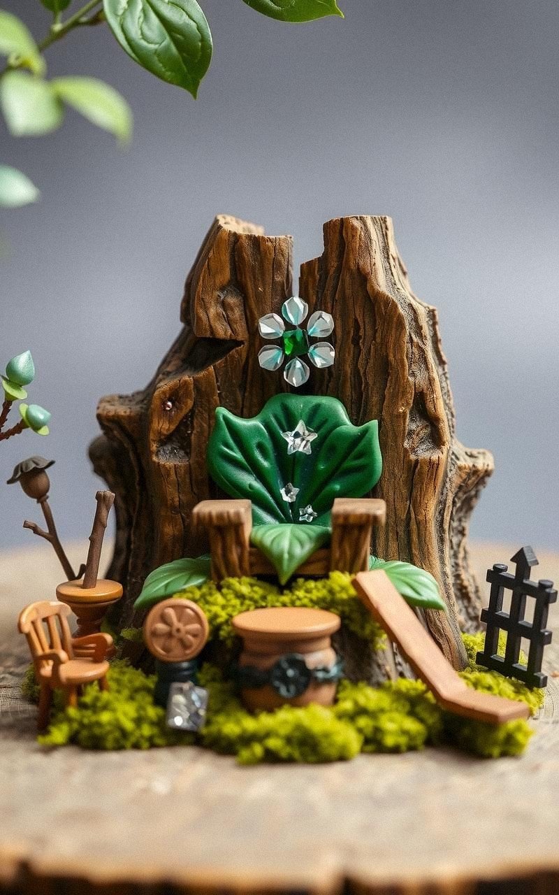 Fairy Garden Tree Stump Throne With Leaf Cushions