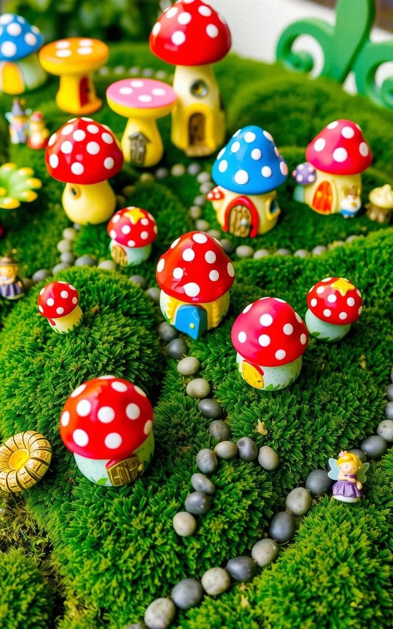 Miniature Mushroom Village With Vibrant Colors