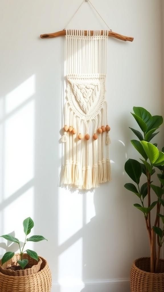 Macramé Wall Hanging With Neutral Cotton And Wood
